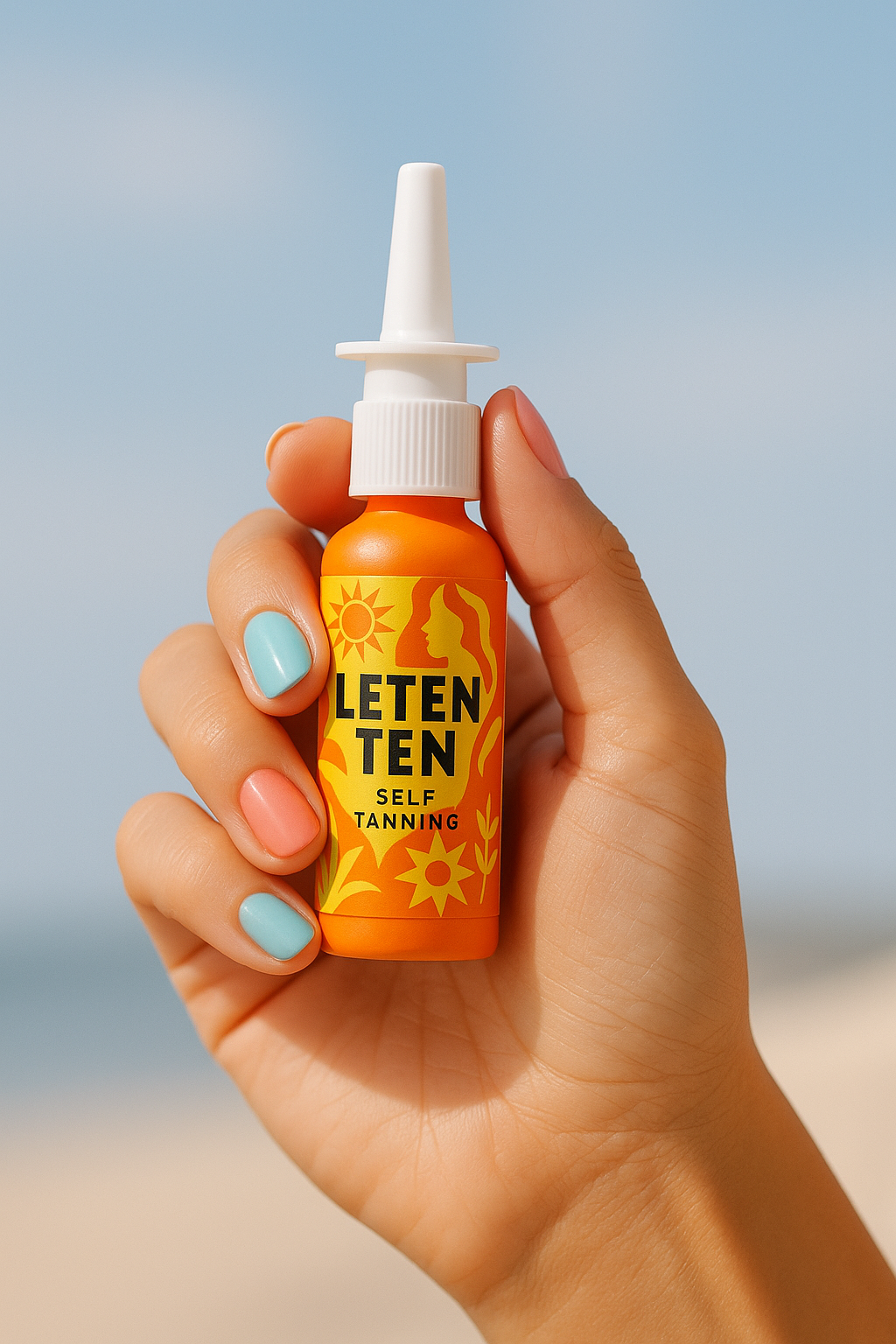 LetenTen назален спрей с меланотан 2 за бърз летен тен в ръка с цветни нокти - компактен спрей за тен